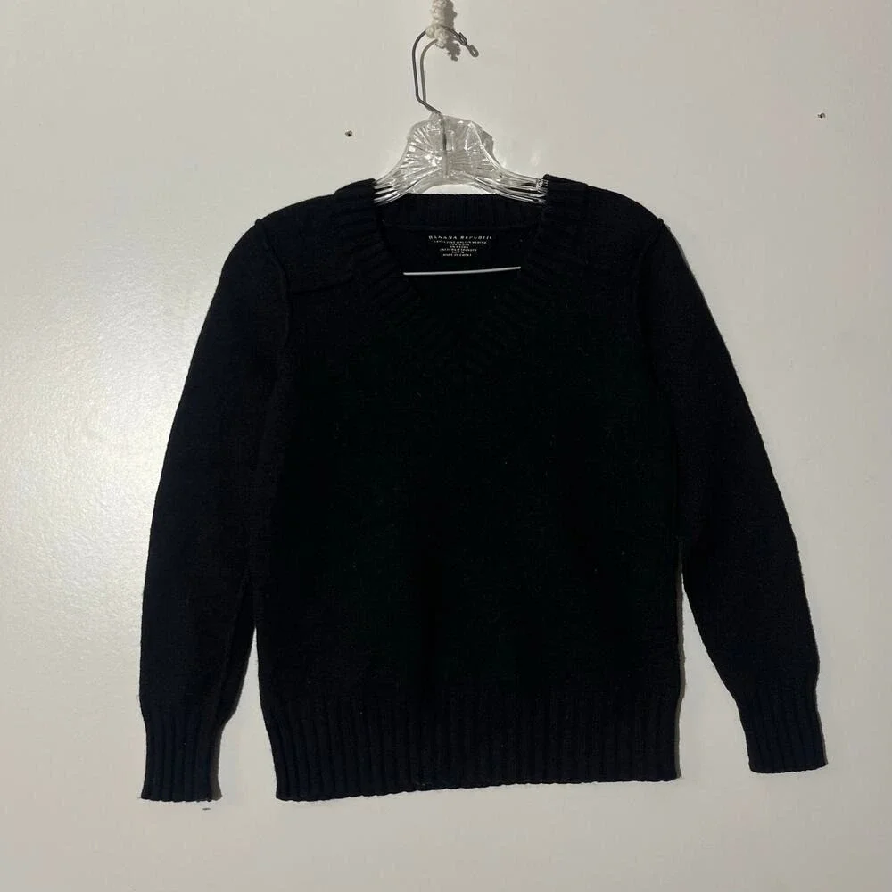 Banana Republic V Neck Wool Knit Pullover Black Long Sleeve Sweater Women Size M